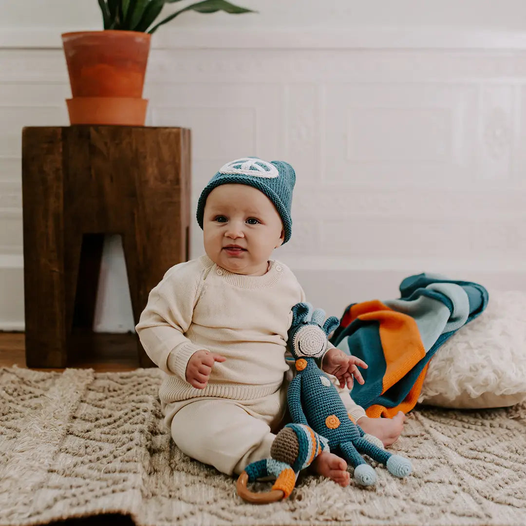 Organic Cotton Baby Beanie – Hand-Knit Blue Peace Hat