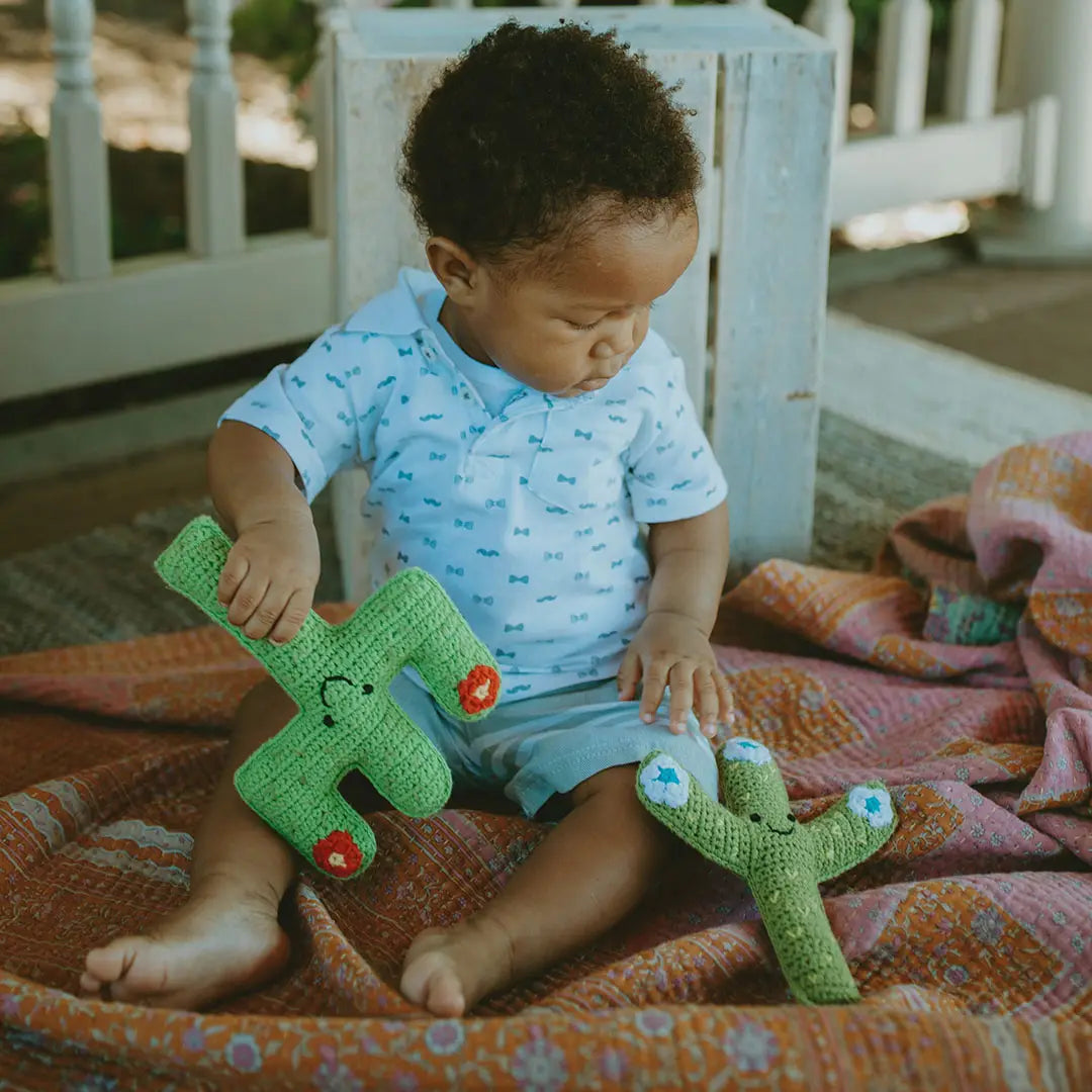 Green Cactus Rattle – Handmade Organic Cotton Baby Toy